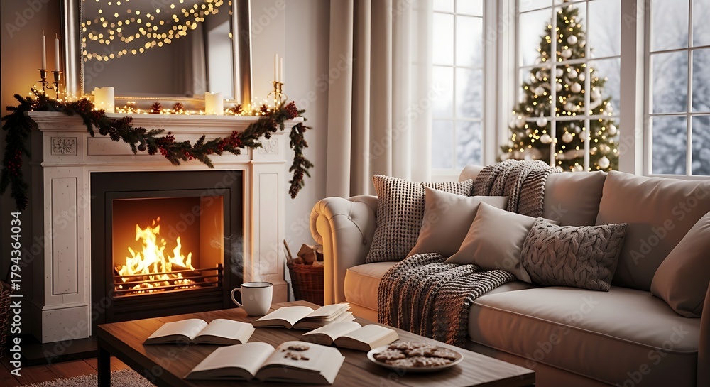 Fototapeta premium Cozy christmas living room with fireplace and decorated tree