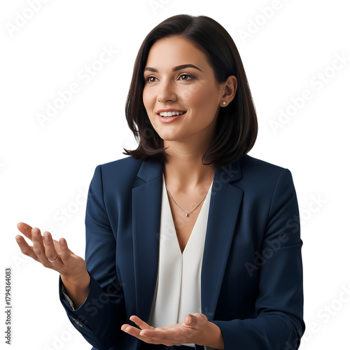 Confident businesswoman presenting ideas with open hands, conveying professionalism and clear communication