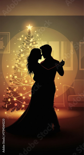 Silhouette of a romantic couple dancing closely together in an embrace.
