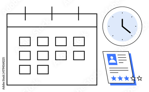 Calendar, analog clock, and profile review form with star ratings highlight planning, punctuality, task prioritization, and performance evaluation. Ideal for scheduling, productivity, organization