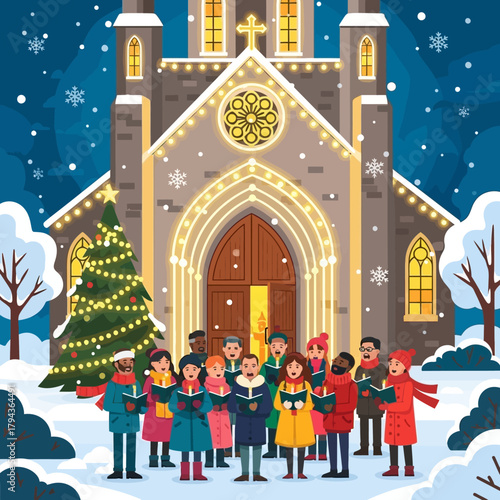 A diverse group of joyful carolers sings festive holiday songs outside a beautifully decorated church, illuminated by Christmas lights on a snowy winter eve.