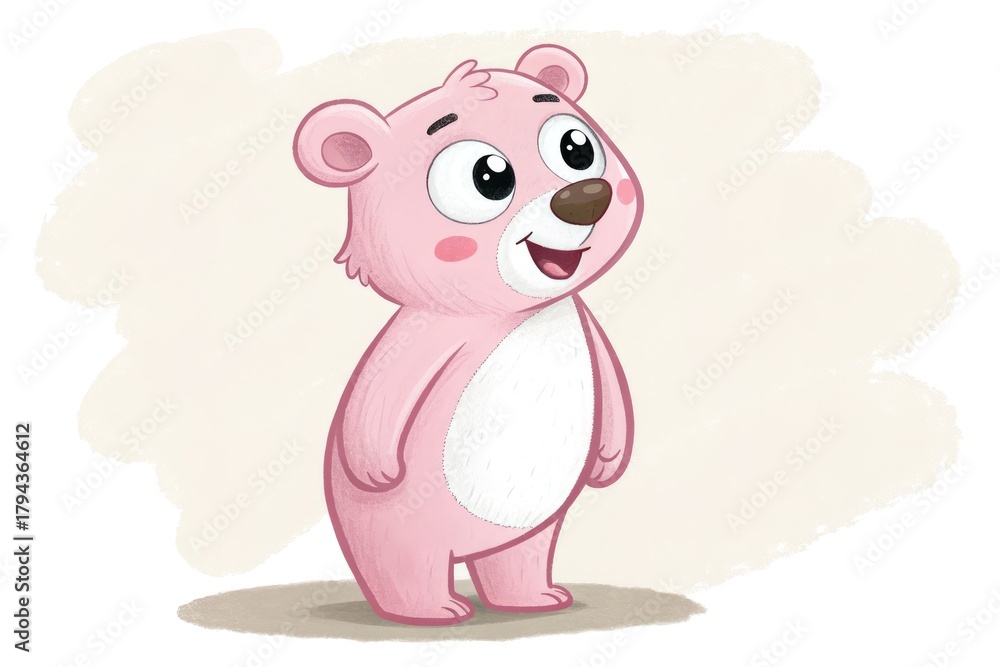 Naklejka premium Cute Pink Bear Character Standing Happily Against a Light Background