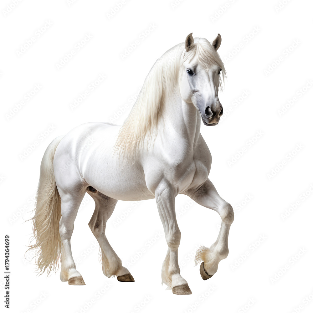 Obraz premium Majestic white horse prancing, showing grace and power