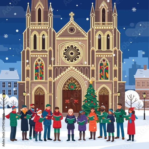 A festive illustration depicts a choir singing carols in front of a beautifully decorated church during a snowy winter evening, celebrating the Christmas season.