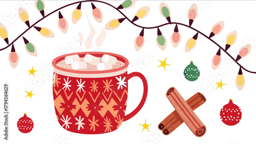 Festive scene of a mug with marshmallows, lights, cinnamon sticks and ornaments on a white background