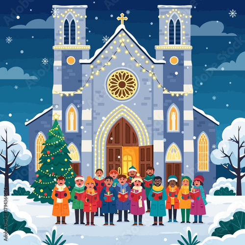 A festive Christmas scene depicts a diverse choir singing carols in front of a snow-covered church adorned with lights, creating a warm and inviting atmosphere.