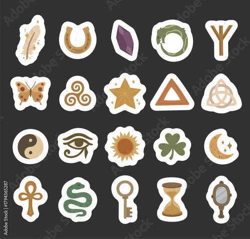 Magic symbol set in scandinavian style showing mystical icons ancient runes celestial signs protective spiritual elements harmony balance for magical inspiration