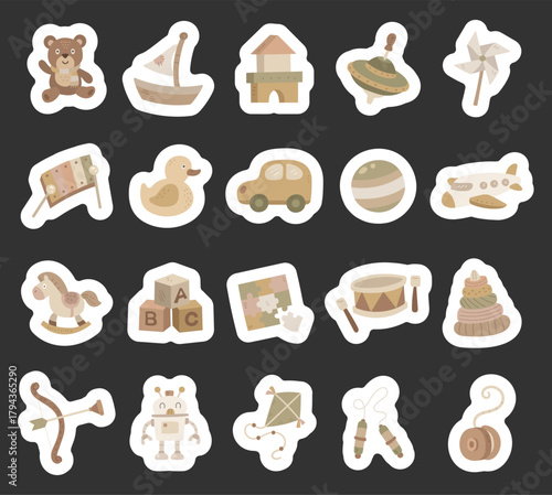 Children toy set in scandinavian style showing various handmade wooden playthings musical instruments and educational objects for preschool learning development and play activities for kids