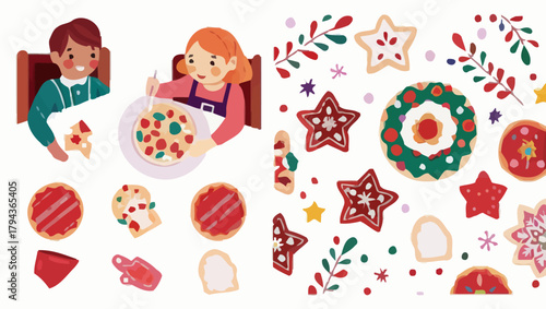 Children at table eating with holiday cookies and festive decorations surrounding them nicely displayed