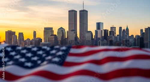 American flag waves in foreground of new york city skyline at sunset