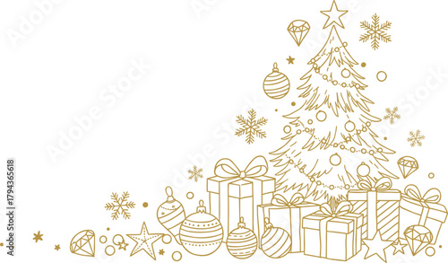 Golden Christmas tree with gift boxes and ornaments, elegant holiday decoration background, festive winter celebration illustration with snowflakes and stars