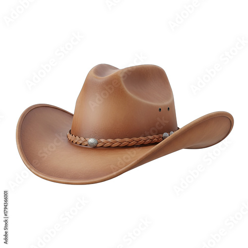 Brown Leather Cowboy Hat with Braided Band Detailed Close Up Isolated on Transparent Background