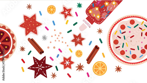 Festive holiday baking scene with star cookies cinnamon sticks and colorful sprinkles scattered around it