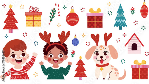 Cartoon christmas scene with children, dog, christmas trees, gifts, and christmas ornaments design