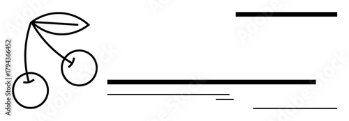 Two cherries with a single leaf connected by stems, drawn in a minimalist linear style. Ideal for branding, organic goods, simplicity, elegance, nature, modernity and clean visuals. A simple flat