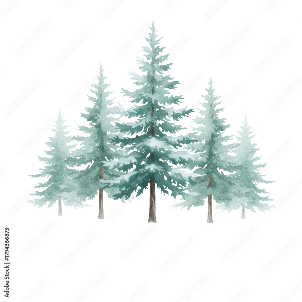 Obraz premium Five delicate watercolor evergreen pine trees, soft pale green, subtle teal, faded snow-dusted, isolated on transparent with misty wash and copy space, serene winter illustration