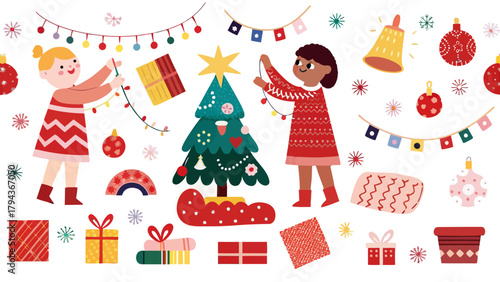 Two girls decorating christmas tree with ornaments and lights with gifts and decorations around it