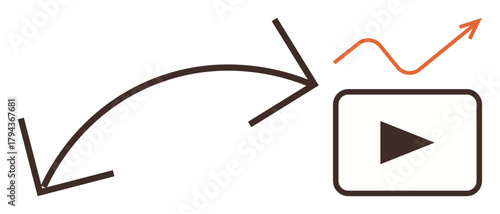 Play button with upward curve and arrows symbolizing video progress, trajectory, and growth. Ideal for content strategy, analytics, marketing, innovation, education engagement communication. Simple