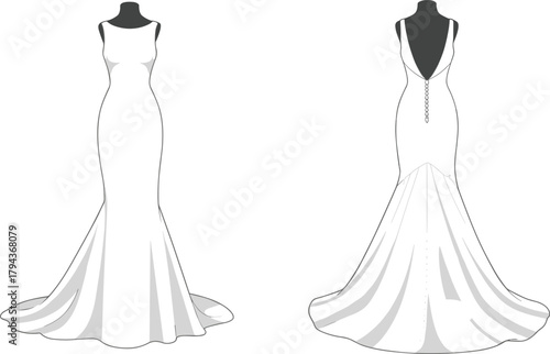 Elegant Wedding Dresses Illustration Set Featuring Classic and Modern Bridal Gowns with Flowy Silhouettes for Wedding and Bridal Fashion.