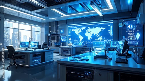 Futuristic Control Room With Blue Illuminated World Map Display And Multiple Computer Monitors Overlooking Cityscape