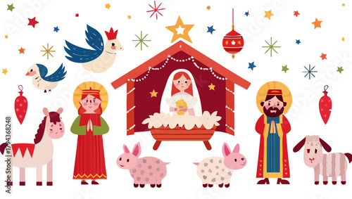 Illustration of a christmas nativity scene with mary joseph baby jesus and various animals around