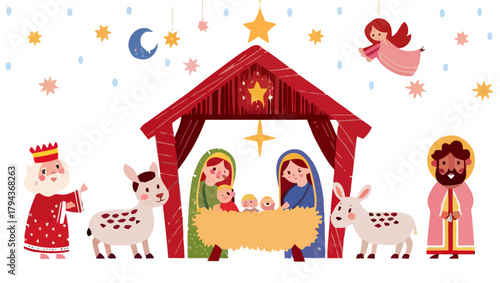 Illustration of the nativity scene with mary joseph baby jesus and three wise men with animals