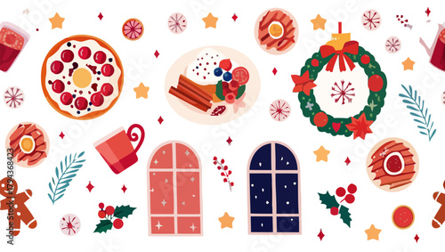 Festive christmas themed pattern with food, decorations, and winter elements illustration design