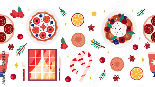Festive holiday table setting with desserts and drinks arranged in a colorful pattern design