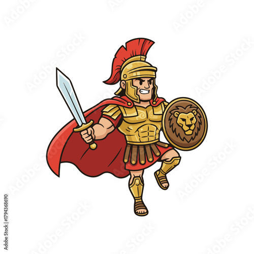 Aggressive cartoon Roman warrior mascot. Gold armor, red cape, sword, and lion shield. Ancient legionary illustration.