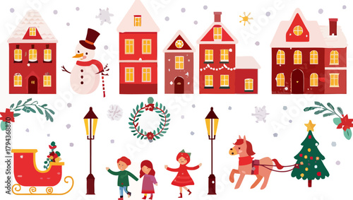 Illustration of christmas houses, snowman, children, horse, tree and other holiday themed elements