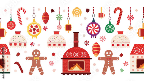 Festive christmas scene with gingerbread men ornaments and a cozy fireplace illustration design