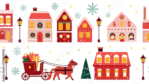 Festive christmas village scene with horse drawn carriage and snow covered houses and street lamps