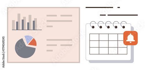 Bar graph, pie chart, text, calendar, and notification bell illustrating planning, scheduling, and statistical analysis. Ideal for business, organization strategy time management analytics