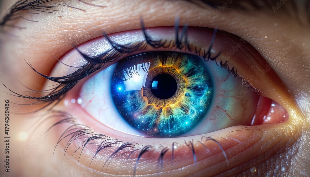 Fototapeta premium Close-up of a human iris reflecting a vibrant, swirling nebula and star constellations, symbolizing cosmic vision.