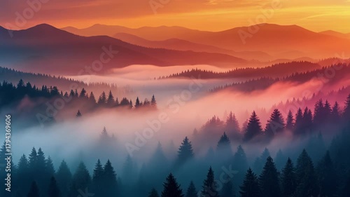 A stunning landscape of misty mountains and a forest of evergreen trees bathed in the warm hues of a vibrant sunset.