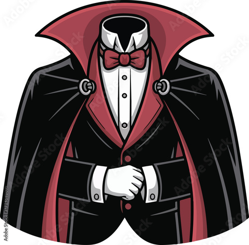 Classic vector vampire costume with black cape and red lining, formal shirt, bow tie, and white gloves