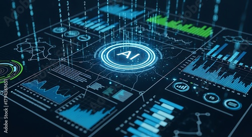 Futuristic ai interface with glowing data and charts on a dark background