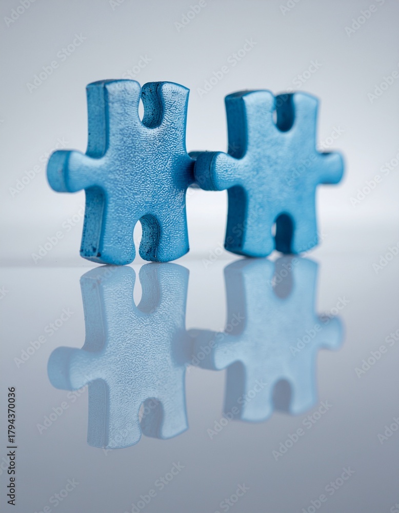 Fototapeta premium Two 3D blue puzzle pieces interlocking, symbolizing effective teamwork, collaboration, and partnership in business.