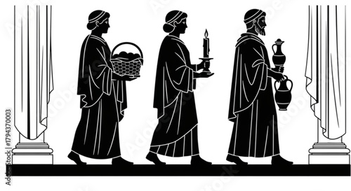 Ancient Greek religious procession with offerings and a candle.