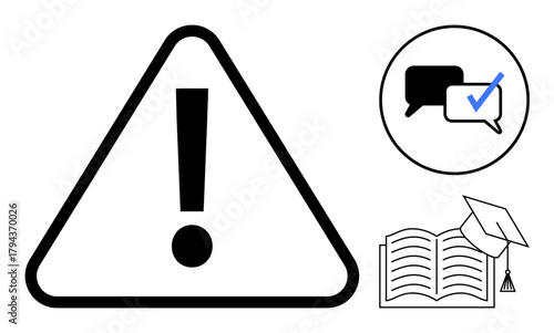 Black caution sign with exclamation mark, speech bubbles with a checkmark, open book, and graduation cap. Ideal for warning, education, learning, communication, instruction guidance achievement