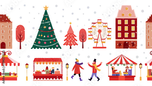 Festive christmas market scene with trees, buildings, people, and stalls in a winter wonderland setting