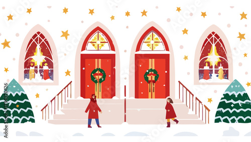 Christmas church scene with people, wreaths, stars, snow and trees creating a festive holiday mood