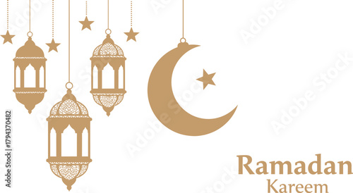 Traditional islamic ramadan lanterns and crescent moon with stars on a white background
