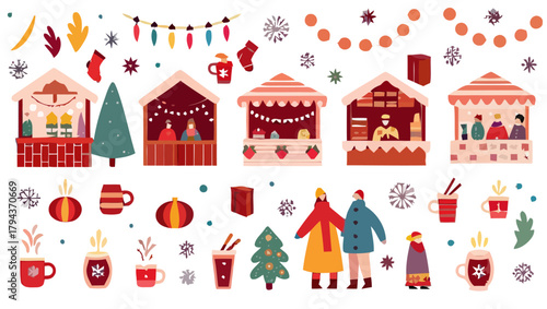 Illustration of a winter market scene with stalls, christmas trees, and people enjoying the festive atmosphere