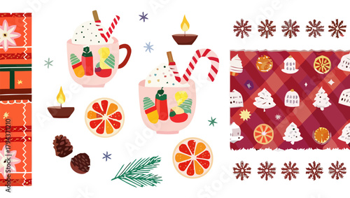 Festive christmas themed illustration with mugs oranges and decorative border elements design style
