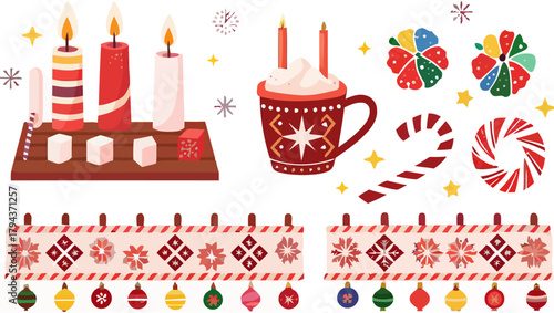 Festive christmas illustration with candles, sweets, ornaments and a hot chocolate drink scene