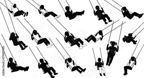 Children on swings silhouettes in various playful poses, park playground activity set, joyful motion and childhood fun on white backgroundChildren on 