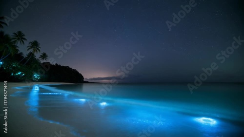 Bioluminescent plankton glows brightly in the ocean waves washing onto a tropical beach at night, with palm trees silhouetted against the dark sky.