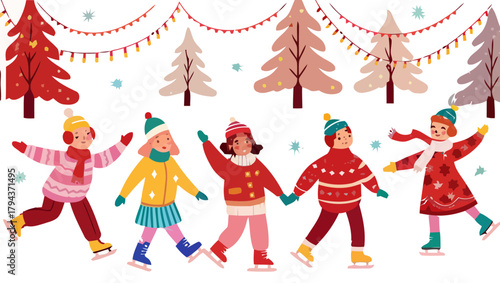 Children are ice skating in a winter scene with christmas trees and festive string lights above them all