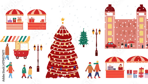 Illustration of a christmas market with stalls christmas tree and people in a snowy winter scene